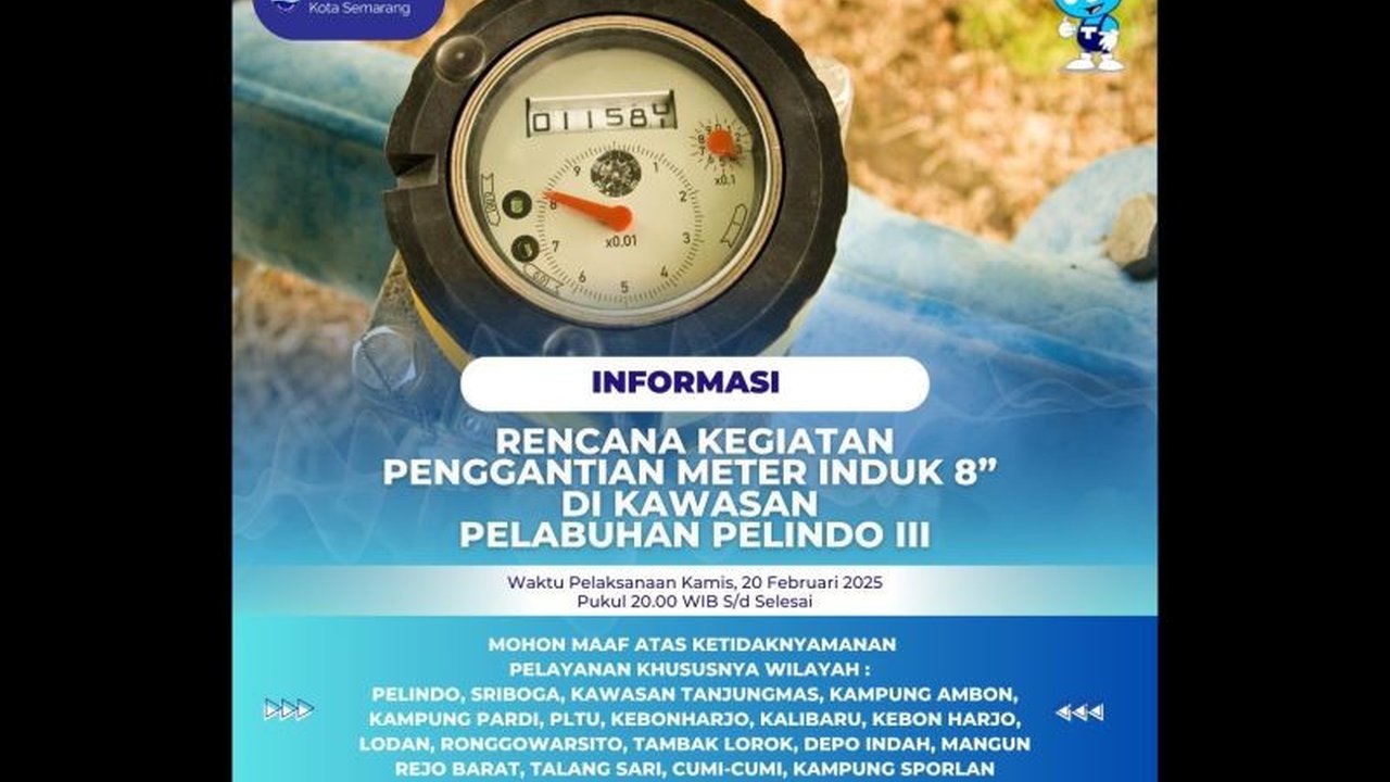 PDAM Tirta Moedal Semarang menjadwal ulang penggantian meter induk di Pelabuhan Pelindo III pada 20 Februari 2025 pukul 20.00 WIB akibat kendala cuaca, berpotensi menyebabkan gangguan aliran air.