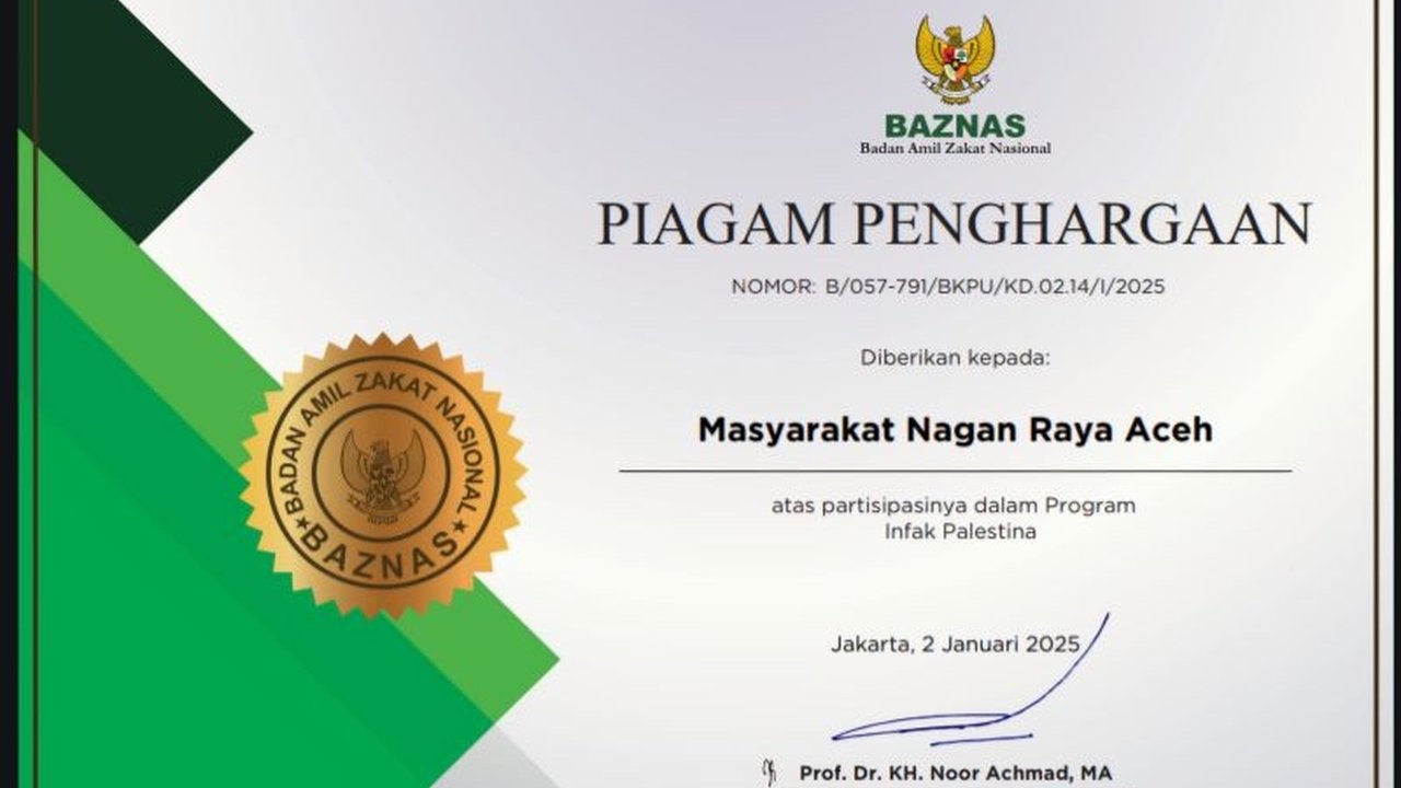 Masyarakat Nagan Raya, Aceh, menerima penghargaan dari Baznas RI atas donasi Rp525 juta untuk Program Infak Palestina, yang diharapkan dapat memotivasi kepedulian sosial masyarakat.