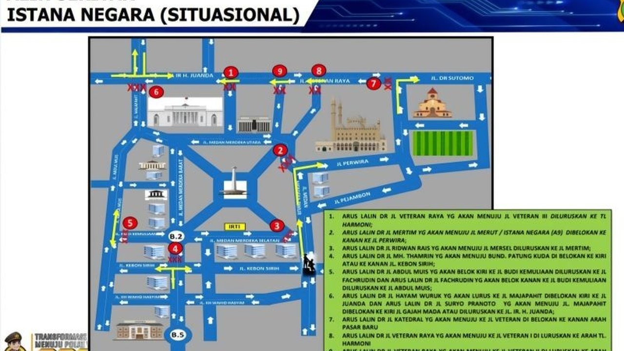 Direktorat Lalu Lintas Polda Metro Jaya menerapkan rekayasa lalu lintas di sekitar Istana Presiden pada Kamis (20/2) untuk pelantikan kepala daerah terpilih,  mencakup penutupan jalan dan pengalihan arus lalu lintas di sejumlah ruas jalan utama Jakarta Pu
