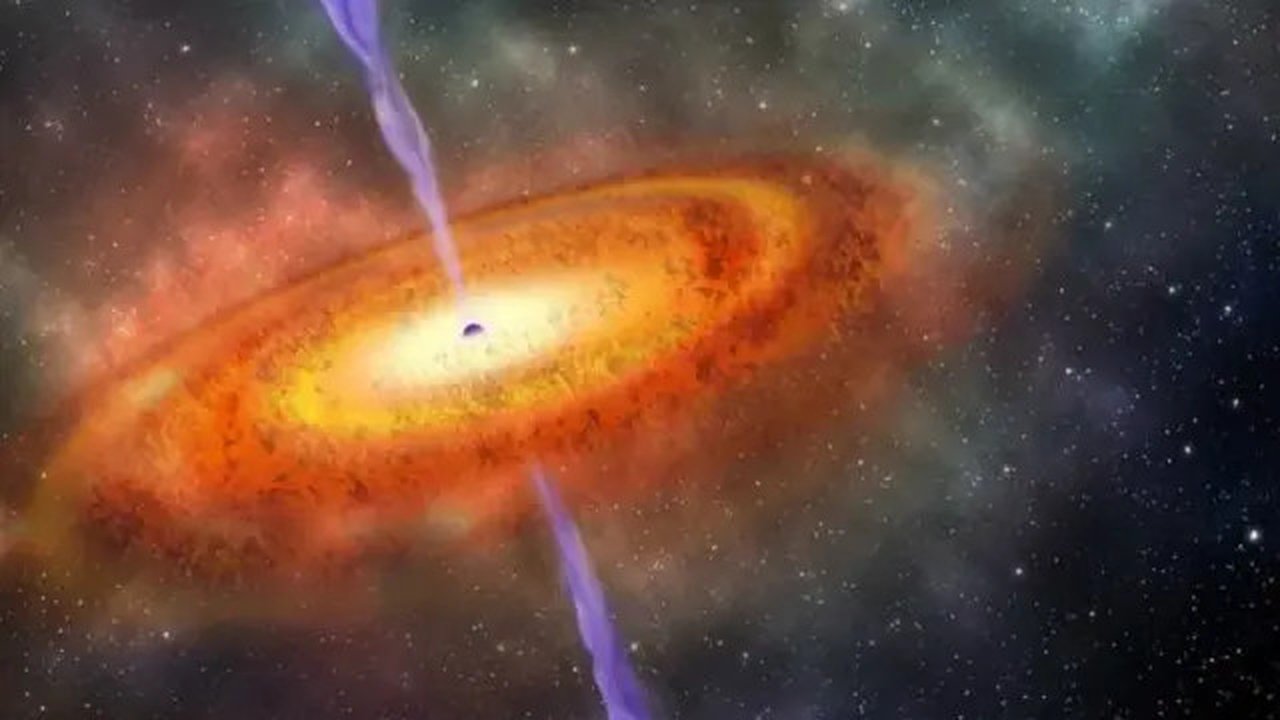 Ilustrasi lubang hitam raksasa atau supermassive black hole yang berjarak 13 miliar tahun cahaya dari Bumi (Robin Dienel/Carnegie Institution for Science)
