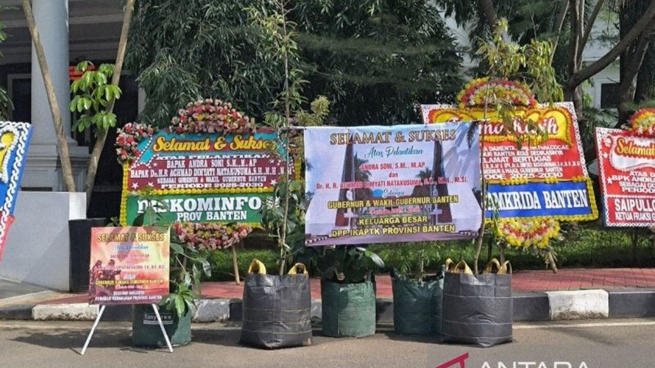 Gubernur dan Wakil Gubernur Banten, Andra Soni-A Dimyati Natakusumah, menerima ucapan selamat unik berupa bibit pohon, menandakan komitmen terhadap pembangunan berkelanjutan yang ramah lingkungan.