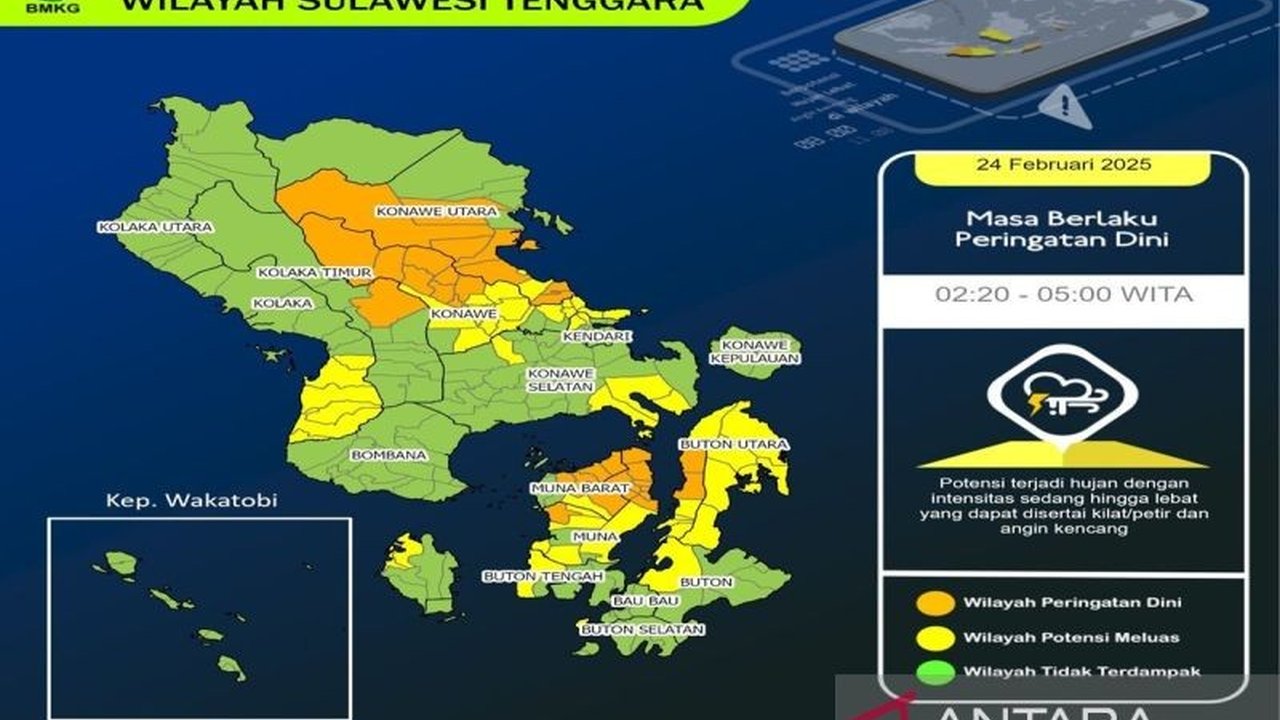 BMKG memprakirakan cuaca di Sulawesi Tenggara (Sultra) didominasi berawan, namun berpotensi hujan sedang hingga disertai petir dan angin kencang di beberapa wilayah, terutama siang hingga sore hari.