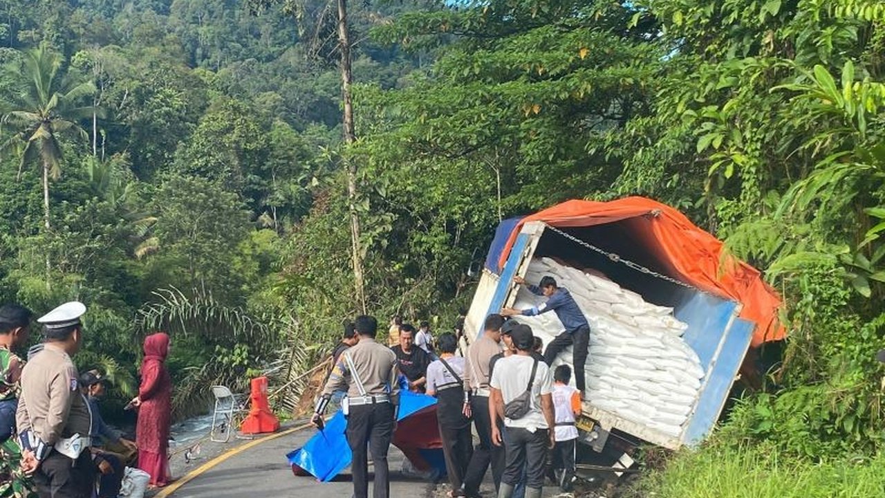 Kemacetan panjang terjadi di jalur lintas Liwa-Krui akibat truk Fuso terperosok; Satlantas Polres Lampung Barat berhasil melakukan evakuasi tanpa korban jiwa.