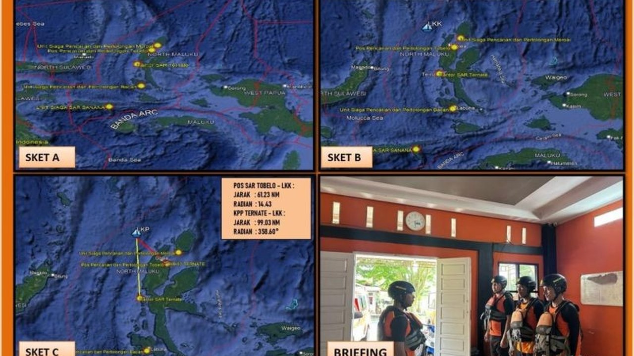 Tim SAR Ternate melakukan pencarian terhadap delapan penumpang KM Marimoi 02 yang mengalami mati mesin di perairan Halmahera Utara, Maluku Utara.