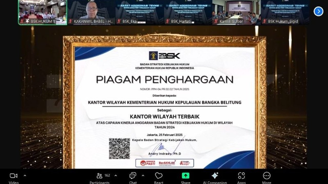 Kantor Wilayah Kementerian Hukum dan HAM Kepulauan Bangka Belitung (Kemenkumham Babel) meraih penghargaan Capaian Kinerja Anggaran Terbaik 2024 dengan nilai IKPA 100 persen.