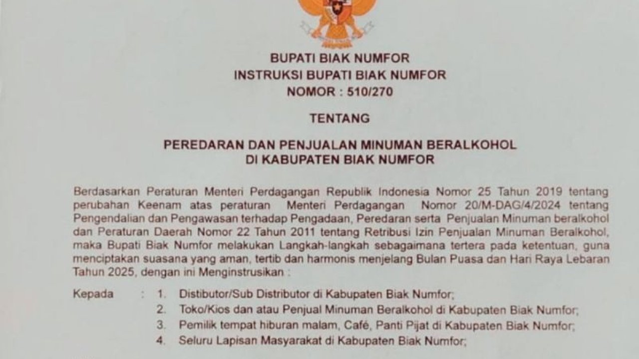 Pemerintah Kabupaten Biak Numfor membatasi penjualan minuman beralkohol dan jam operasional tempat hiburan malam selama Ramadhan 1446 H dan menjelang Idul Fitri 2025 untuk menciptakan suasana yang aman dan harmonis.