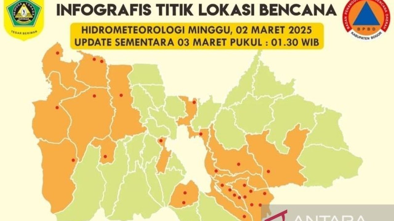 Hujan deras disertai angin kencang mengakibatkan bencana hidrometeorologi di 28 desa di 16 kecamatan Kabupaten Bogor, Jawa Barat, menyebabkan tanah longsor, banjir, dan orang hanyut.