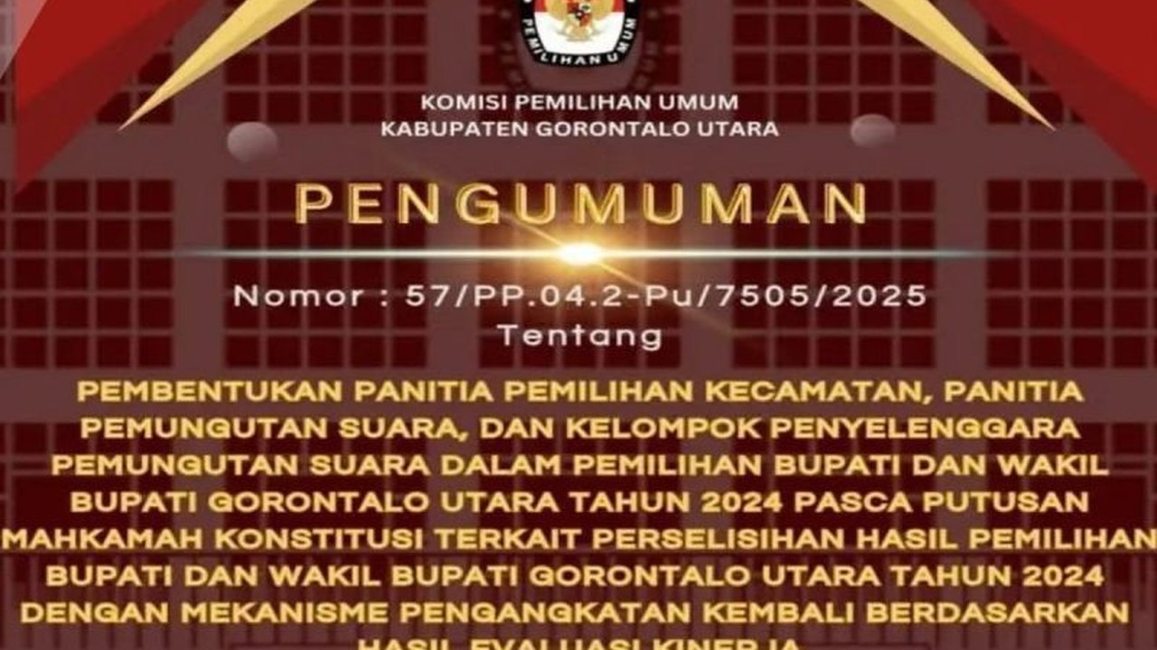 KPU Gorontalo Utara mengumumkan pembentukan kembali badan ad hoc, termasuk PPK, PPS, dan KPPS, untuk Pemungutan Suara Ulang (PSU) Pilkada 2024 pasca putusan Mahkamah Konstitusi.
