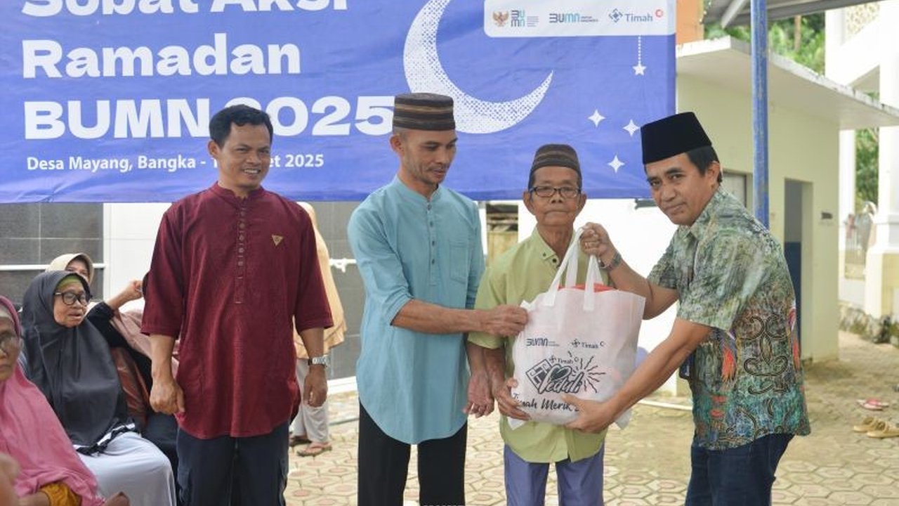 Dalam rangkaian Sobat Aksi Ramadan, PT Timah dan Kementerian BUMN menyalurkan bantuan sembako kepada para lansia di Desa Mayang, Bangka Barat, Kepulauan Bangka Belitung, membantu meringankan beban ekonomi mereka menjelang Idul Fitri.