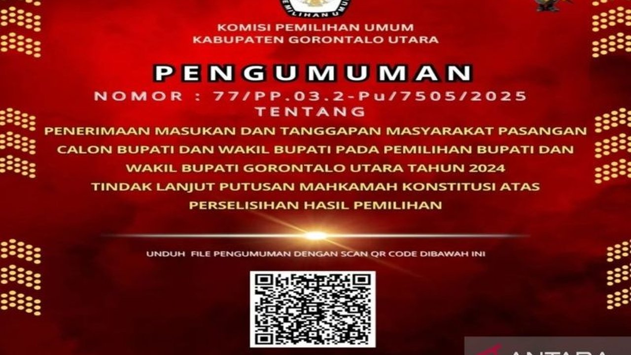 KPU Gorontalo Utara membuka kesempatan bagi masyarakat untuk memberikan masukan dan tanggapan terkait pasangan calon bupati dan wakil bupati dalam Pemungutan Suara Ulang (PSU) Pilkada 2024 hingga 21 Maret 2025.