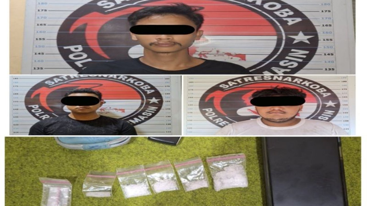 Tiga pemuda di Banjarmasin Selatan ditangkap polisi saat sedang menimbang sabu siap edar; polisi menyita barang bukti berupa sabu, timbangan, dan telepon seluler.