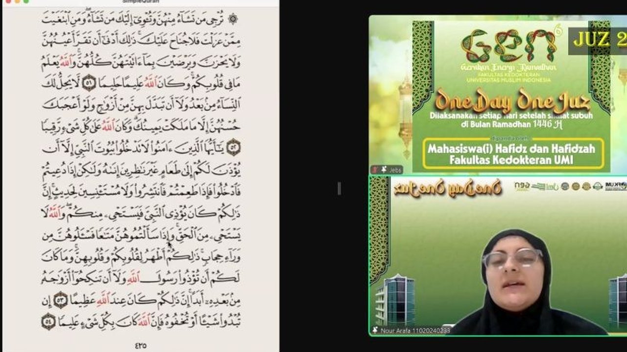 Mahasiswi FK UMI asal Palestina, Nour Arafah, memimpin bacaan Al-Quran Juz 22 dalam acara GEN-R FK UMI, sebuah kisah inspiratif tentang ketabahan dan cita-cita.