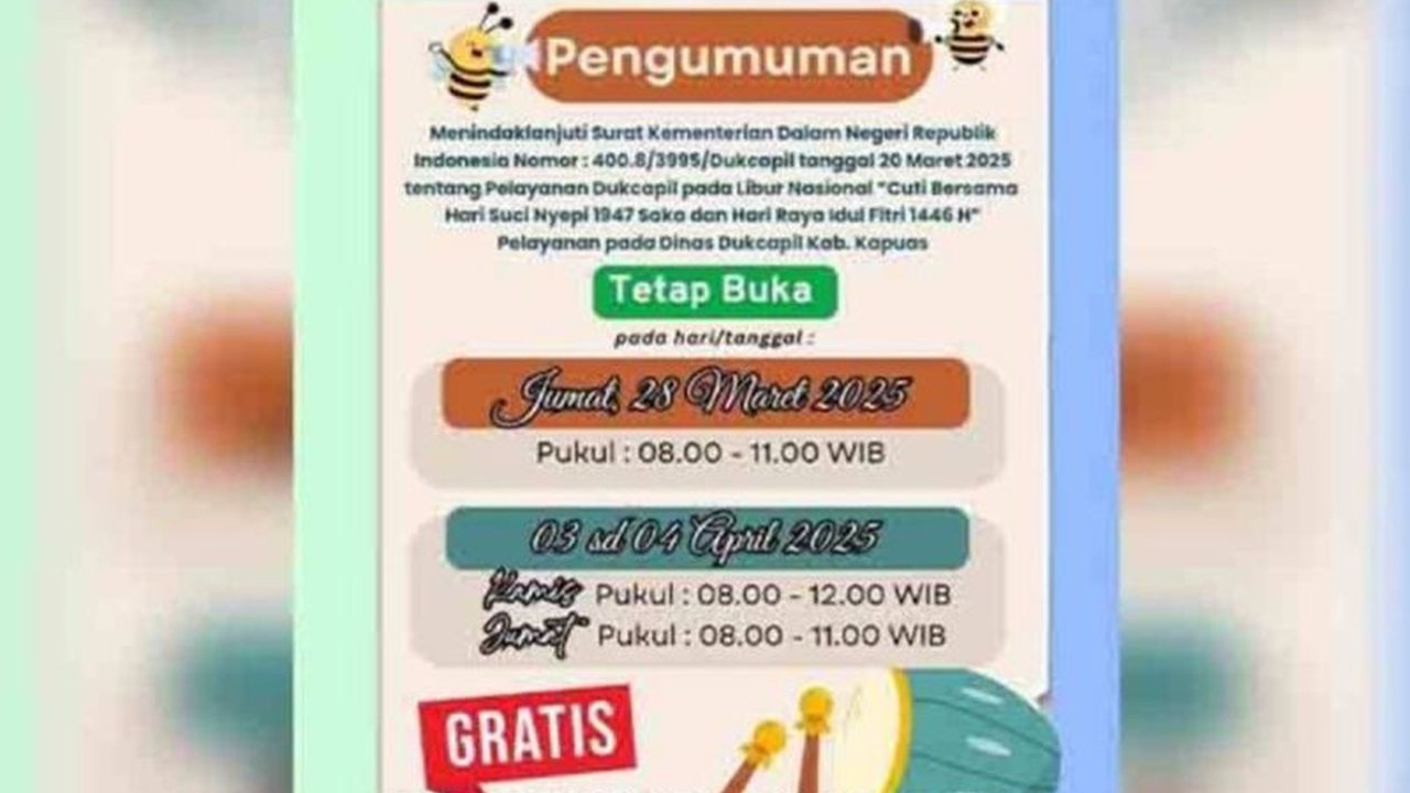 Dinas Dukcapil Kapuas tetap beroperasi selama libur nasional dan cuti bersama, memudahkan warga mengurus dokumen kependudukan seperti KTP elektronik, KK, dan akta kelahiran.