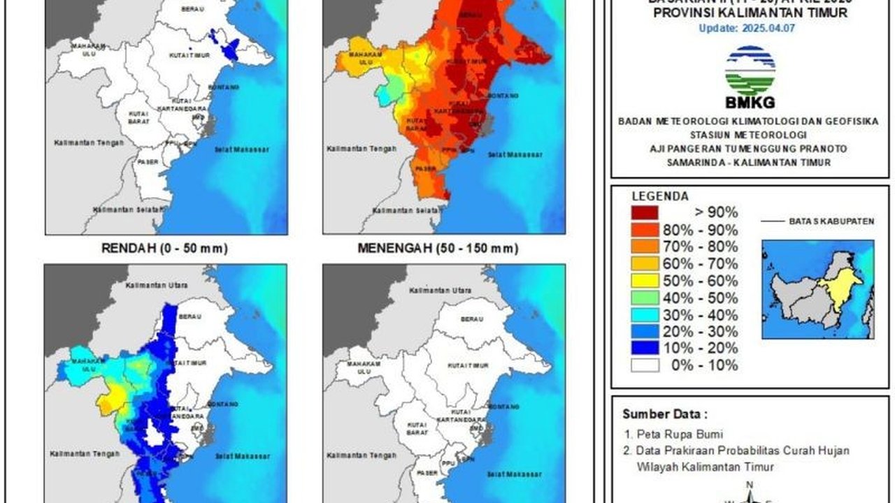 BMKG memprakirakan hujan dengan intensitas menengah hingga tinggi di Kalimantan Timur hingga 20 April 2025, masyarakat diimbau waspada potensi banjir dan longsor.