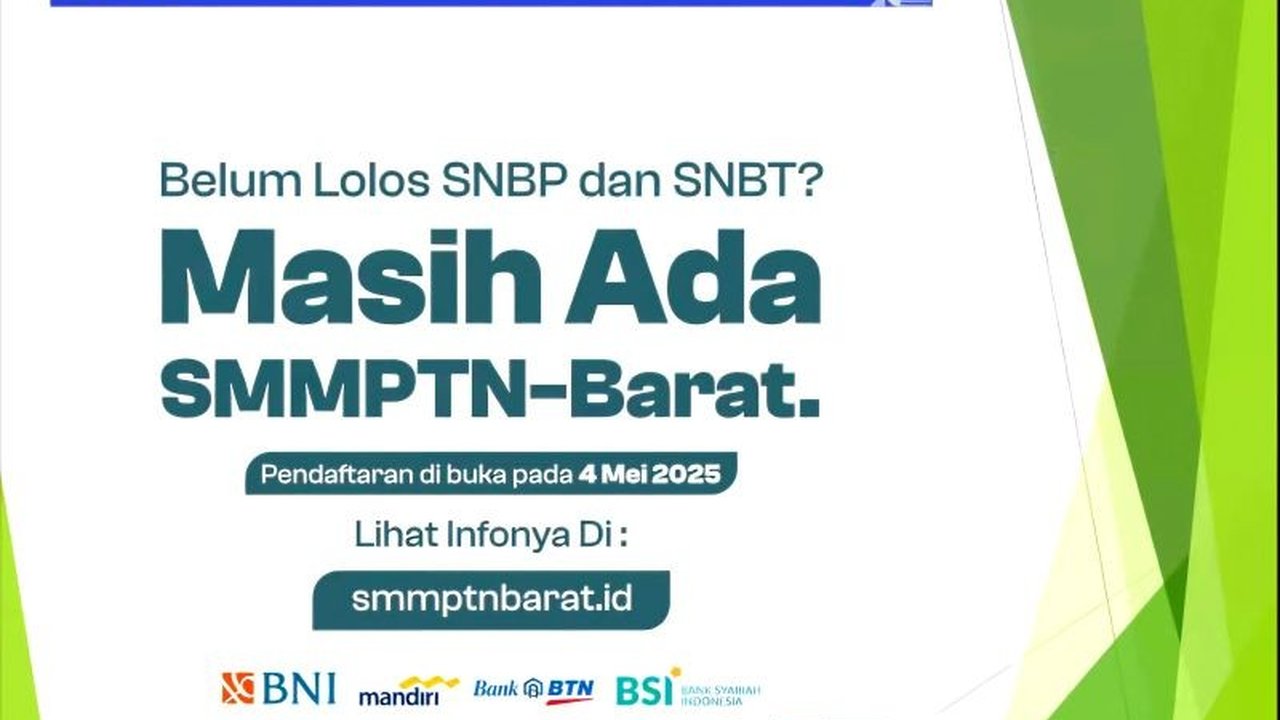 Konsorsium BKS-PTN Barat membuka pendaftaran Seleksi Mandiri Masuk Perguruan Tinggi Negeri (SMMPTN)-Barat 2025 melalui jalur mandiri, dengan 28 PTN peserta dan pendaftaran online mulai 4 Mei 2025.