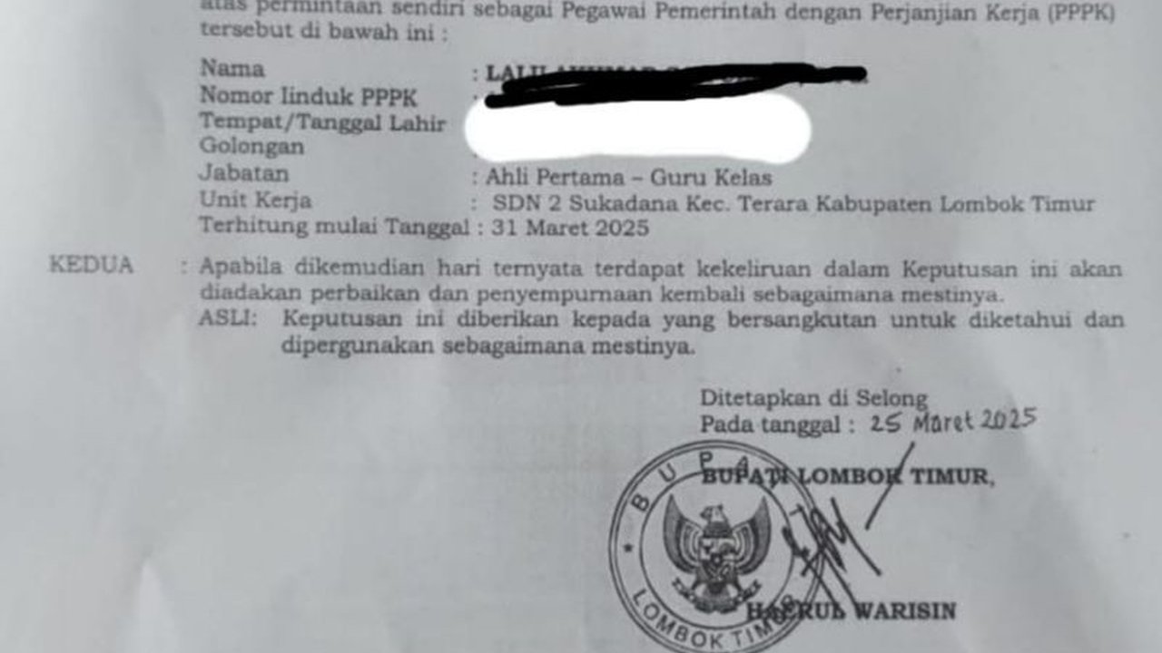 Seorang guru PPPK di Lombok Timur dipecat karena terbukti mangkir dari tugas selama 100 hari berturut-turut; SK pemecatan yang ditandatangani Bupati Lombok Timur viral di media sosial.
