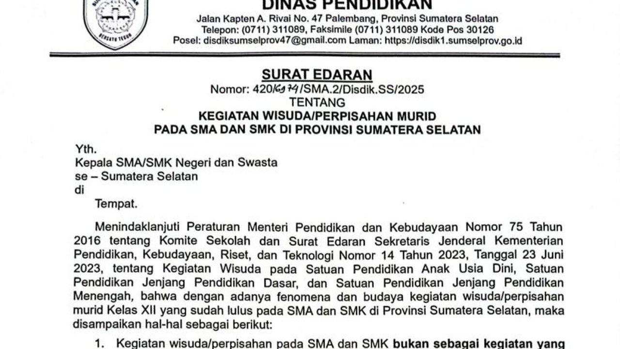 Disdik Sumsel: Perpisahan Sekolah Tidak Wajib, Sederhana dan Khidmat Lebih Baik