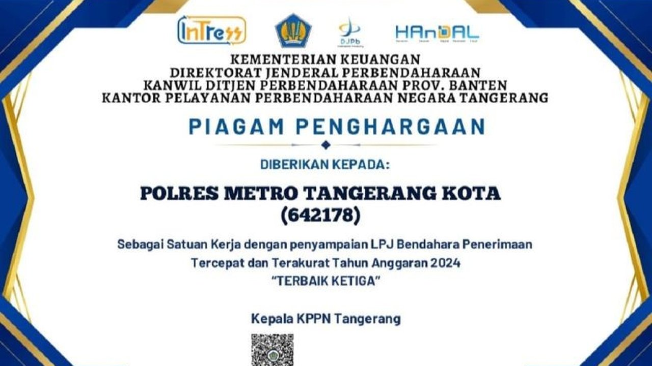 Polres Metro Tangerang Kota meraih dua penghargaan bergengsi dari KPPN Tipe A1 Tangerang atas prestasi gemilang dalam pengelolaan keuangan, menunjukkan komitmen Polri yang presisi dan akuntabel.