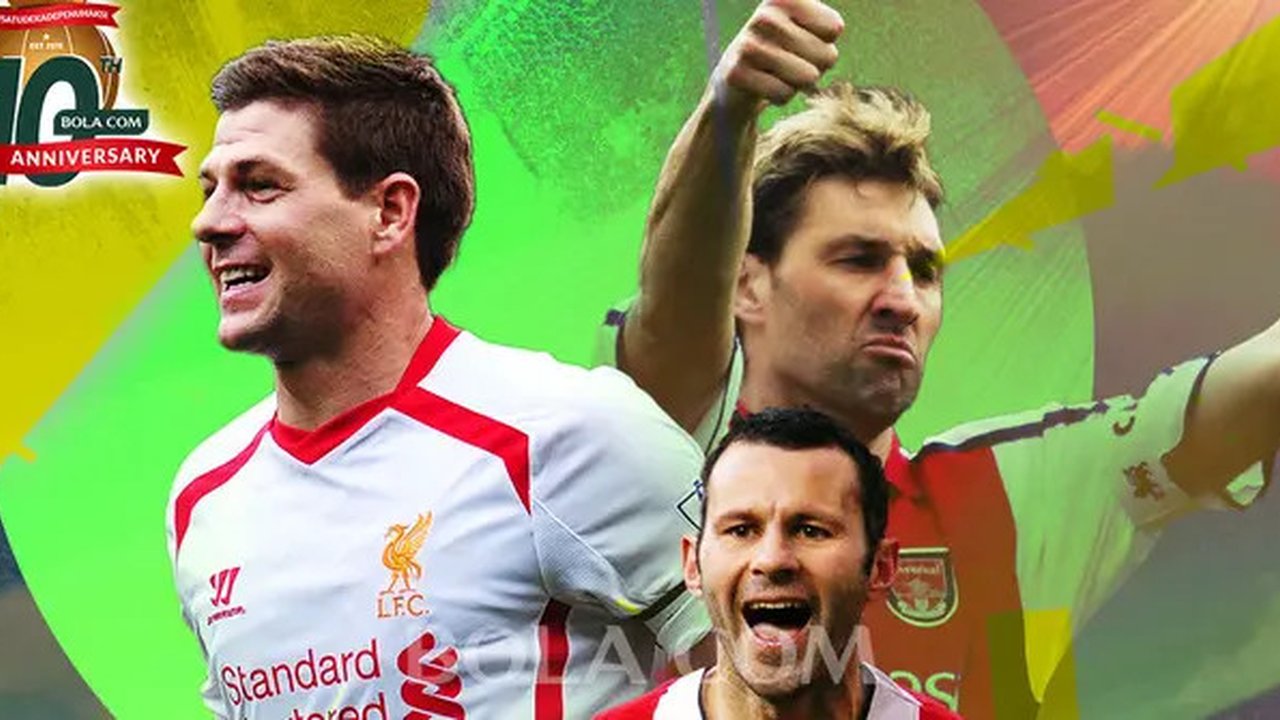 Artikel 10 Tahun Bola.com - Steven Gerrard, Ryan Giggs, Tony Adams ketika masih aktif bermain (Bola.com/Adreanus Titus)