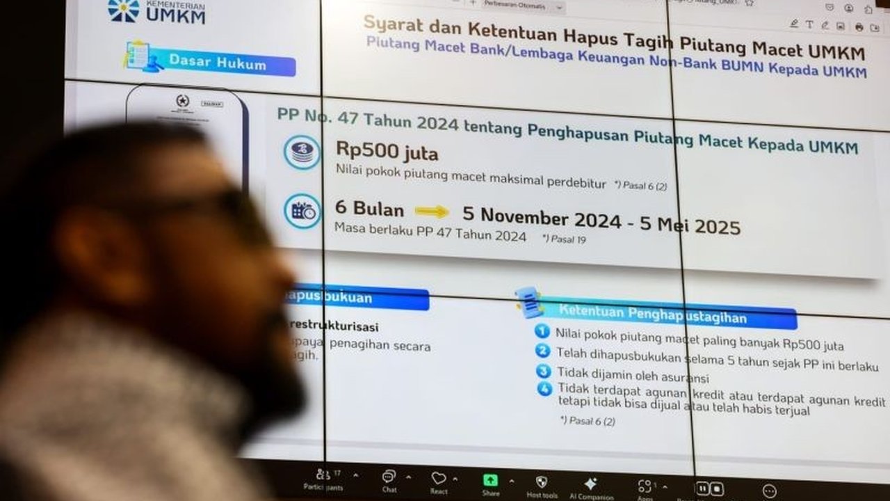 Menteri UMKM ungkap tantangan implementasi PP penghapusan piutang macet UMKM, terutama syarat restrukturisasi yang dinilai memberatkan dan baru terealisasi Rp486,10 miliar dari potensi Rp14,8 triliun.