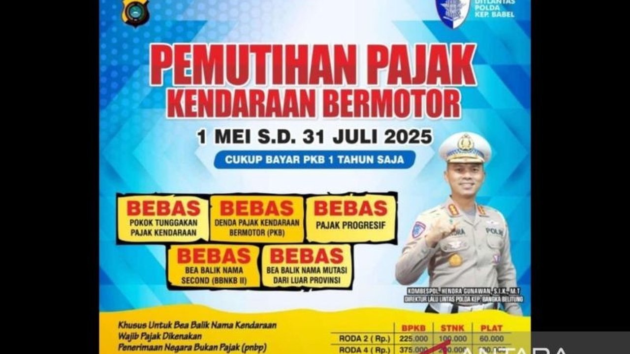 Polda Babel mengajak masyarakat Bangka Belitung memanfaatkan program pemutihan pajak kendaraan bermotor yang berlaku mulai 1 Mei hingga 31 Juli 2025, dengan keringanan berupa bebas pokok tunggakan, denda, dan bea balik nama.