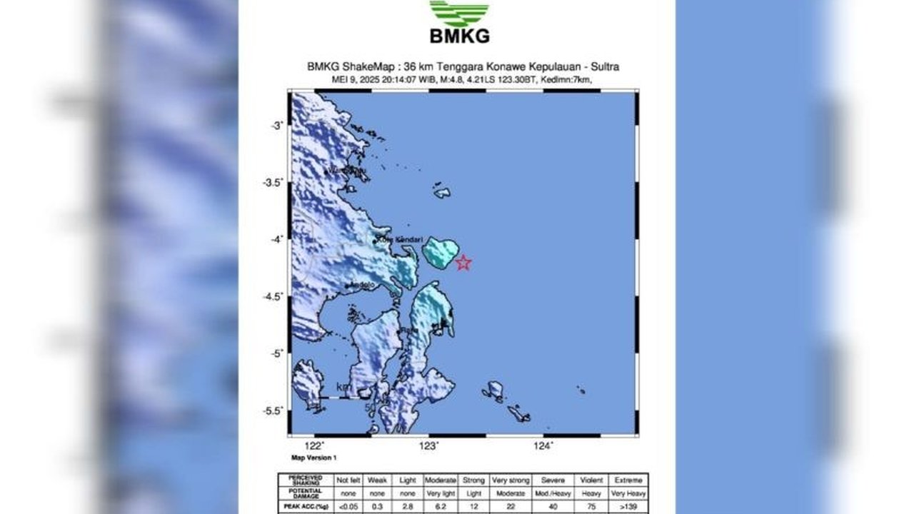 Gempa bumi berkekuatan magnitudo 4,8 mengguncang Kendari dan sekitarnya pada Jumat malam, 9 Mei 2024, akibat aktivitas sesar di Teluk Tolo; BMKG memastikan tidak berpotensi tsunami.