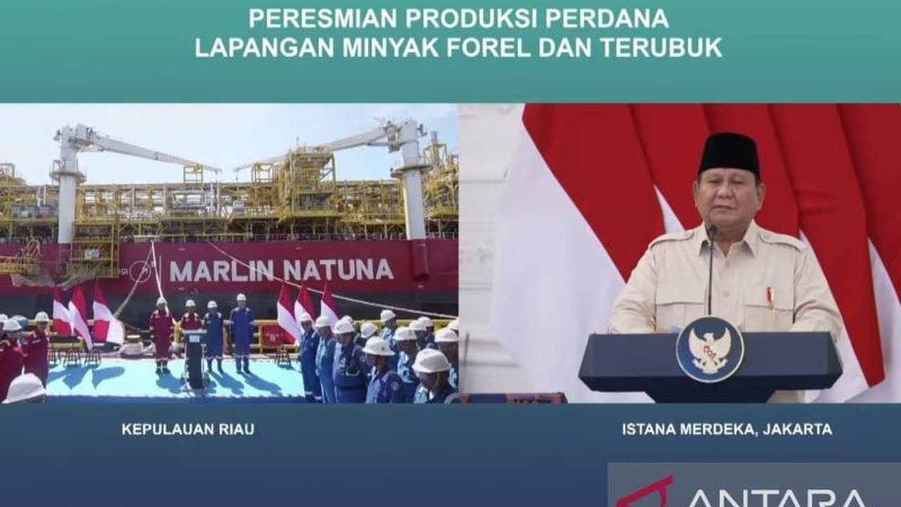 Presiden Prabowo Subianto secara resmi memulai produksi perdana minyak dan gas bumi dari lapangan migas Forel dan Terubuk di Natuna, ditargetkan untuk mencapai swasembada energi nasional.