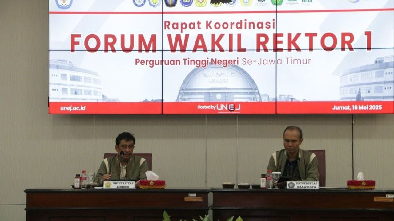 Universitas Jember (Unej) menjadi tuan rumah rapat Forum Wakil Rektor I PTN se-Jawa Timur untuk meningkatkan kolaborasi akademik, kemahasiswaan, dan inovasi pendidikan.