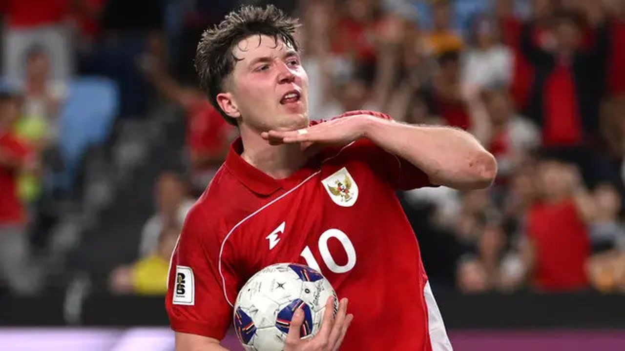 Pemain Timnas Indonesia, Ole Romeny, mencetak gol pada debutnya saat menghadapi Australia pada lanjutan Kualifikasi Piala Dunia 2026 di Sydney Football Stadium, Kamis (20/3/2025) sore WIB.