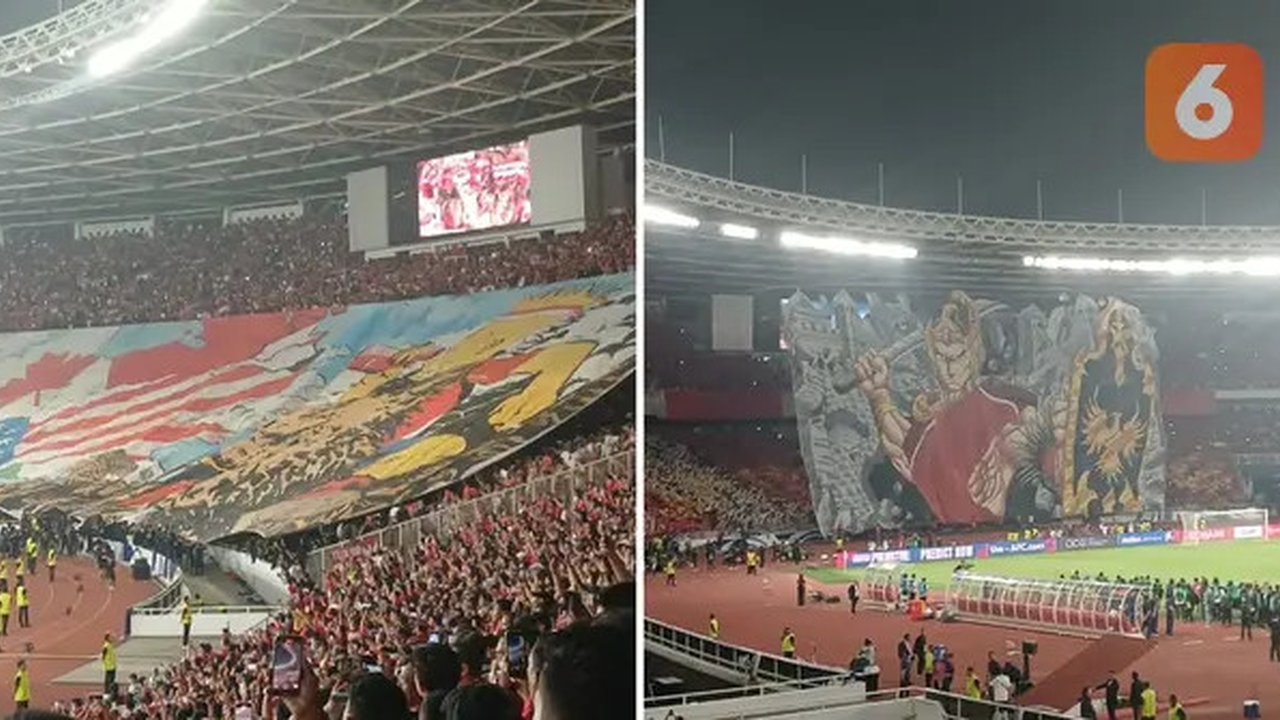 Tifo suporter Timnas Indonesia dalam laga melawan China di SUGBK, Jakarta. Tifo tribune utara dari La Grande Indonesia bertajuk Gatotkaca, sedangkan di tribune selatan. (Bola.com/Hery Kurniaw