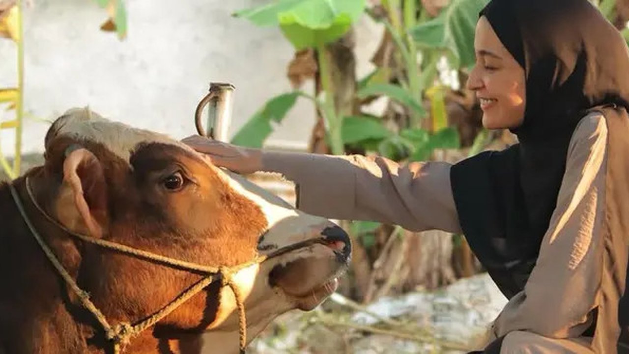 Lihat di sini gaya Shireen Sungkar sata semeblih hewan kurban sendiri. [@shireensungkar].