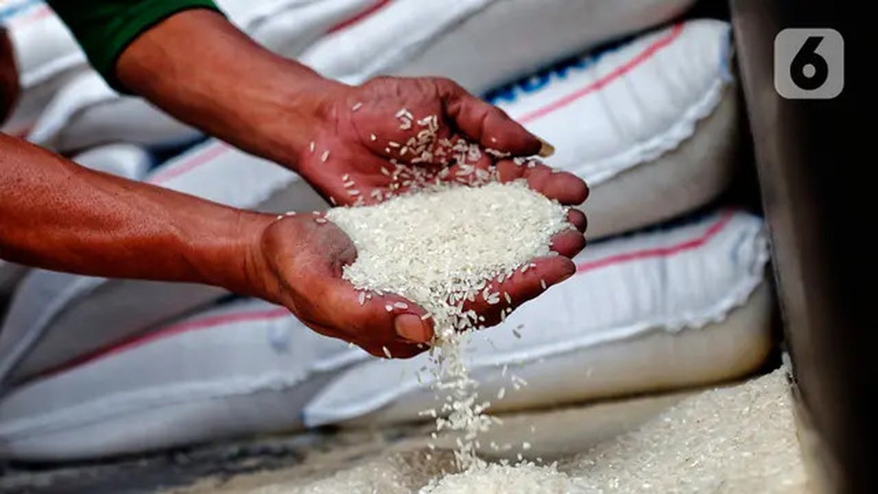Pekerja menunjukkan beras yang akan dijual di toko beras di Pasar Kebayoran Lama, Jakarta, Jumat (5/5/2023). Kenaikan harga beras menjadi salah satu penyumbang inflasi Indeks Harga Konsumen p