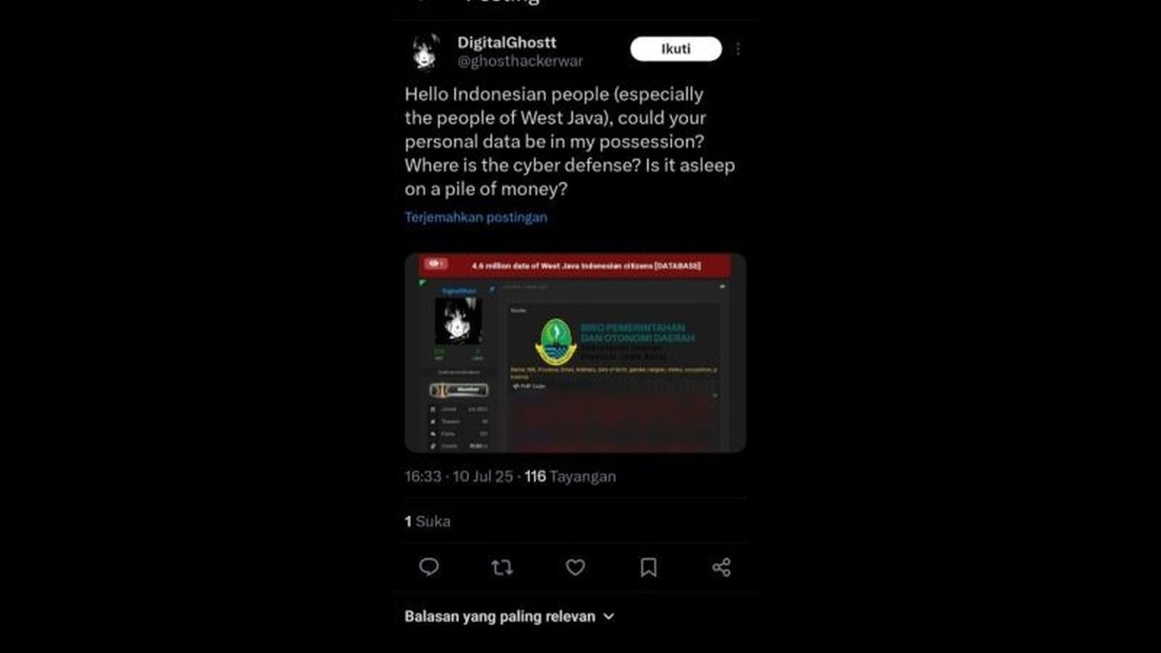 Sebuah akun di media sosial X mengklaim telah membobol 4,6 juta data warga Jabar. Klaim data warga Jabar dibobol ini menimbulkan pertanyaan besar tentang keamanan siber nasional.