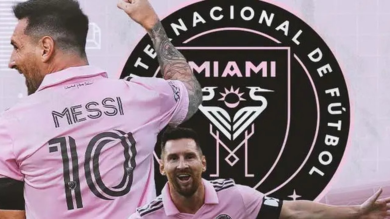 Inter Miami - Ilustrasi Lionel Messi dan Logo (Bola.com/Adreanus Titus)