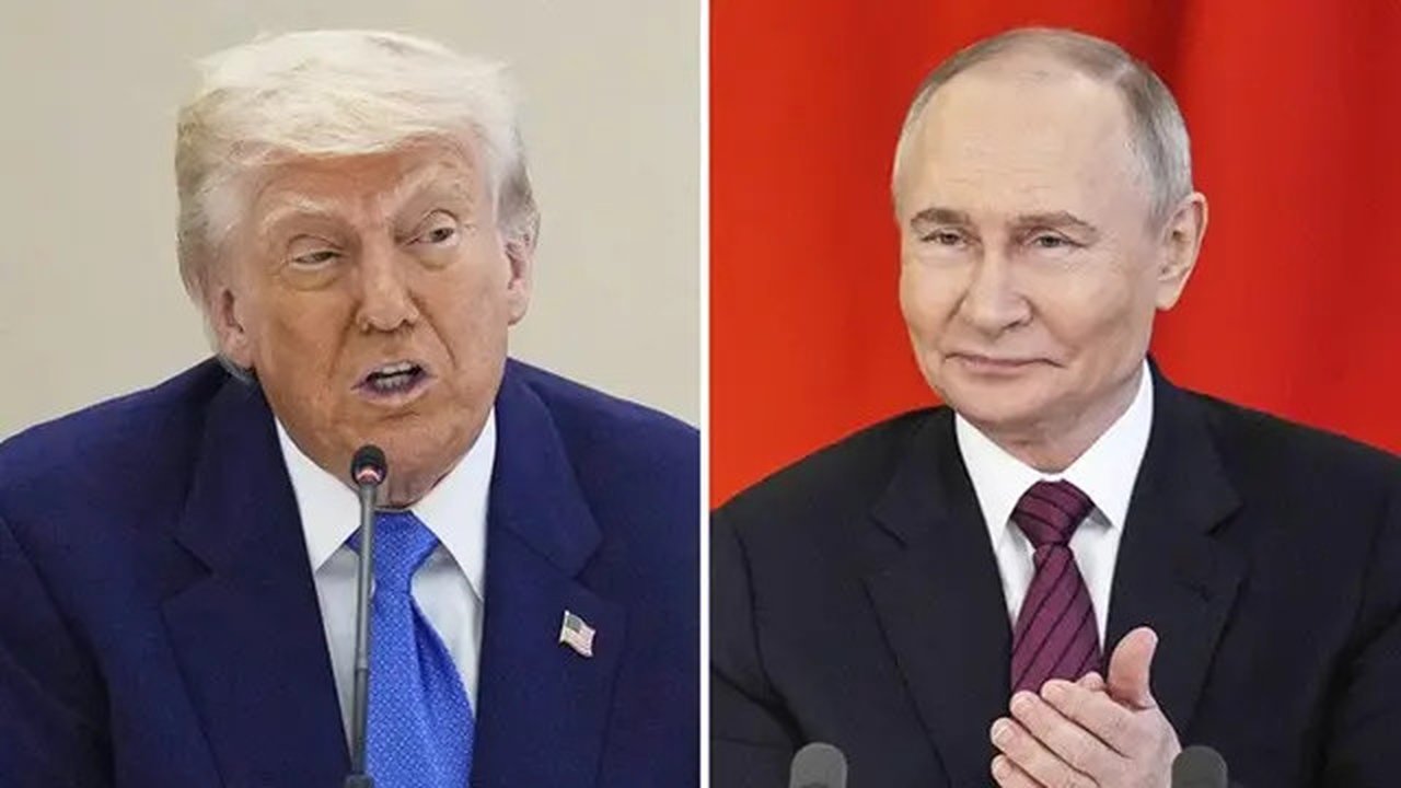 Foto kombinasi ini menampilkan Presiden Amerika Serikat Donald Trump dalam sebuah forum bisnis di Abu Dhabi, Uni Emirat Arab, pada 16 Mei 2025 dan Presiden Rusia Vladimir Putin dalam sebua