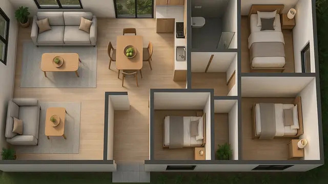 7 Desain Rumah 6x12 1 Lantai 3 Kamar Tidur, Nyaman untuk Keluarga Kecil (sumber:AI)