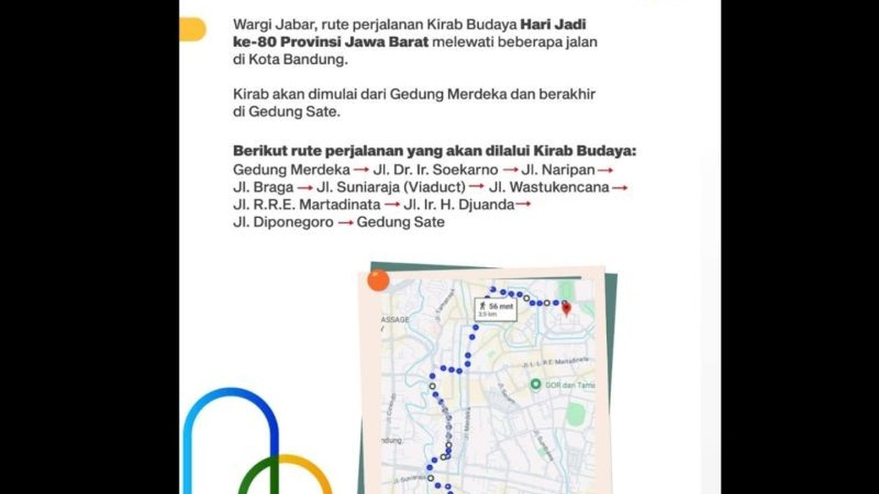 Perayaan HUT ke-80 Provinsi Jawa Barat akan dimeriahkan dengan Kirab HUT Jabar pada 19 Agustus 2025. Sejumlah ruas jalan di Bandung akan ditutup sementara. Simak detailnya!