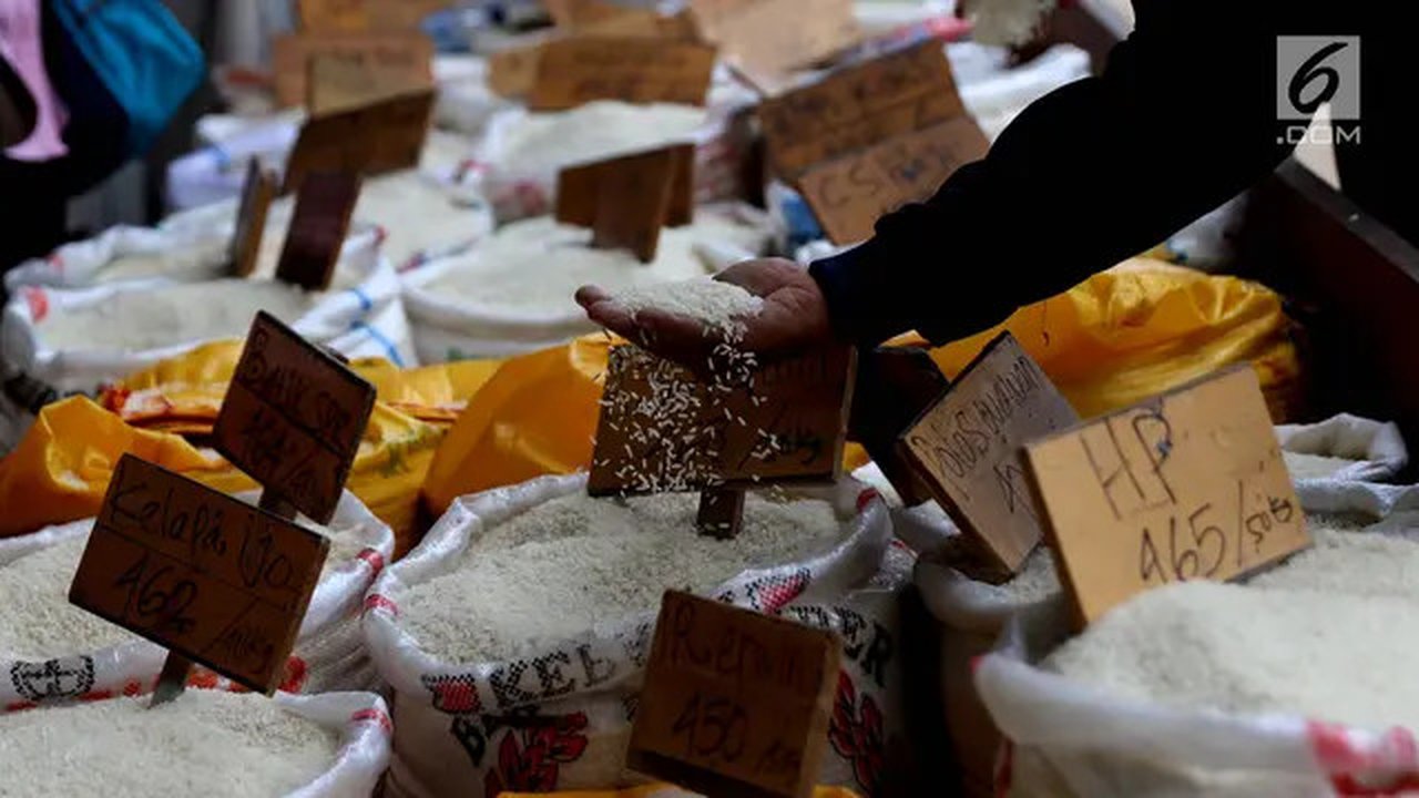Pedagang melihat beras dagangannya di Pasar Induk Cipinang, Jakarta, Senin (25/9). Pedagang beras Cipinang sudah menerapkan dan menyediakan beras medium dan beras premium sesuai harga eceran