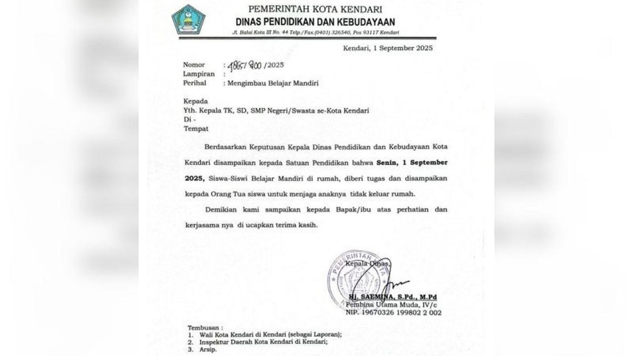 Pemkot Kendari liburkan sekolah SD dan SMP pada 1 September untuk antisipasi dampak demo. Keputusan Libur Sekolah Kendari ini demi keselamatan siswa dan cegah pelajar ikut aksi.