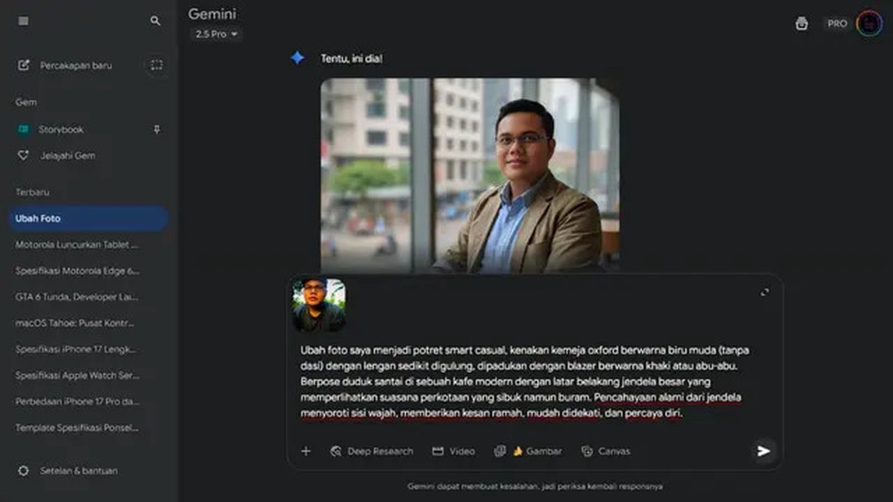 Penggunaan prompt edit foto profesional di Gemini. Oleh Matahari Kartika Purusakara/Liputan6.com 