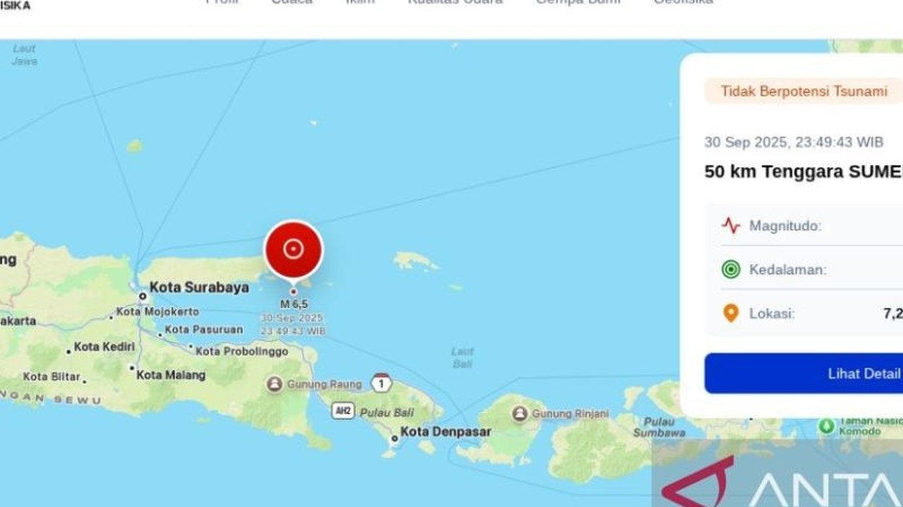 Gempa magnitudo 6,5 mengguncang wilayah Sumenep, Jawa Timur, pada Selasa malam. BMKG menyatakan gempa Sumenep ini tidak berpotensi tsunami, namun guncangan terasa hingga Pamekasan dan Sampang.