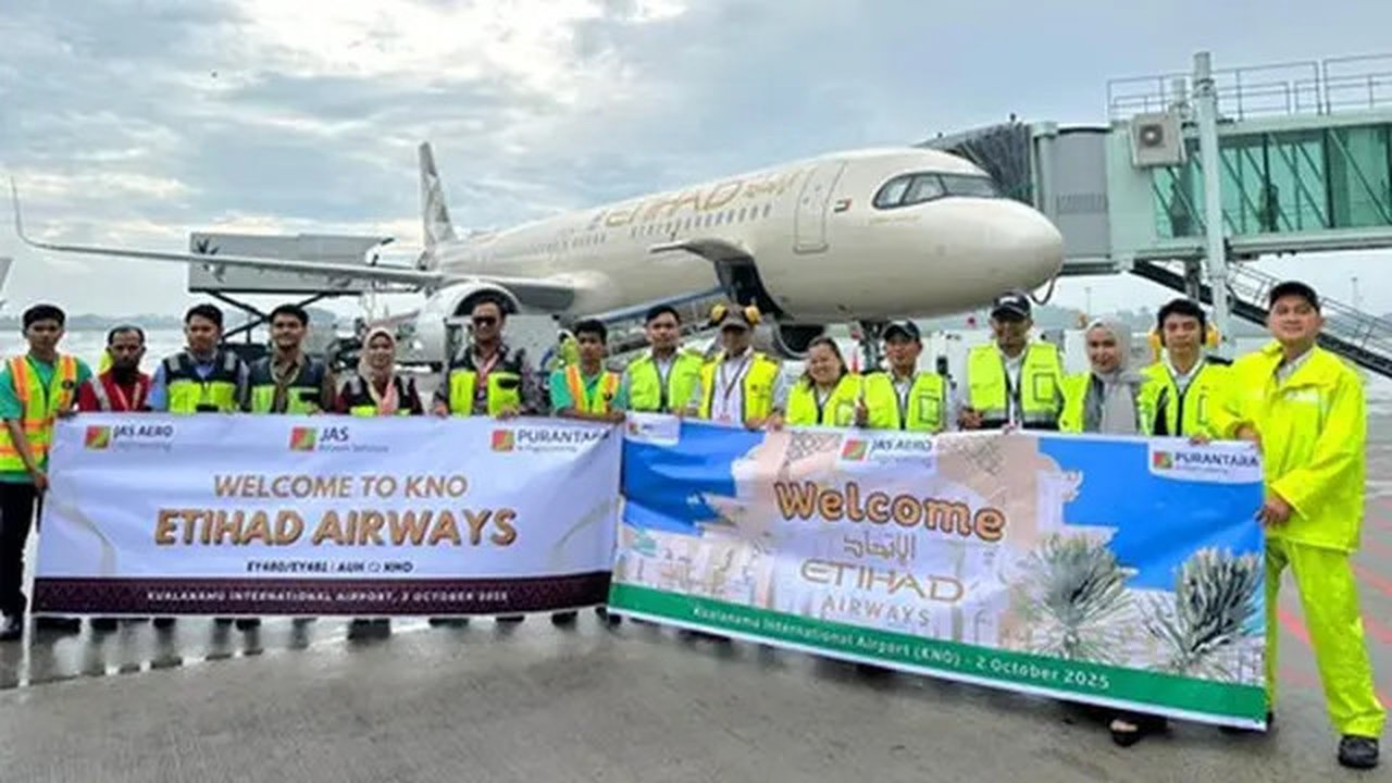 PT JAS Aero Engineering Services (JAE) mendukung operasional rute baru maskapai penerbangan Etihad Airways di Bandara Kualanamu Medan. (Dok JAE)