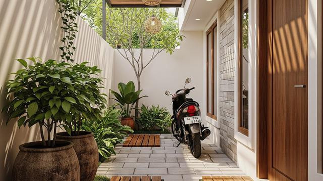Desain Teras Rumah Sempit Tapi Tetap Muat Motor (AI)