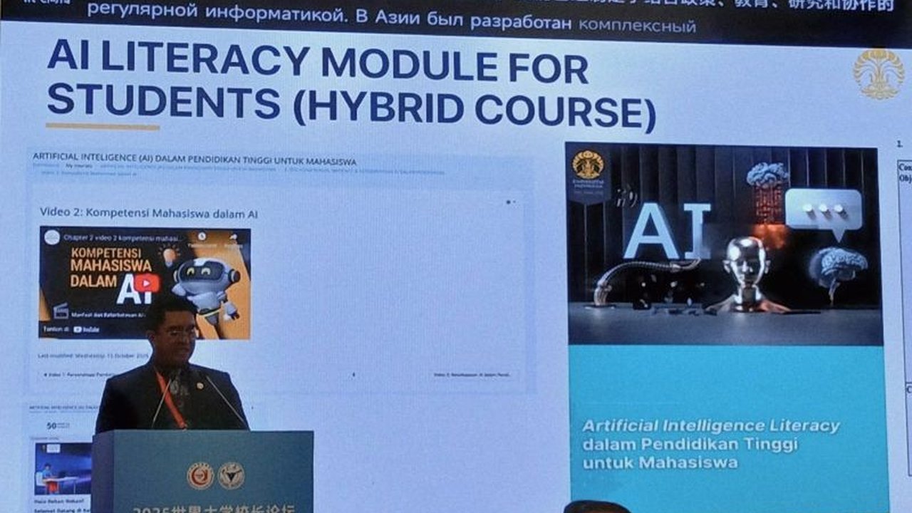 Rektor UI Heri Hermansyah sampaikan pidato kunci di forum rektor dunia, menekankan pentingnya pengembangan Kecerdasan Buatan (AI) yang beretika. Ini bagian dari diplomasi akademik UI yang sukses.