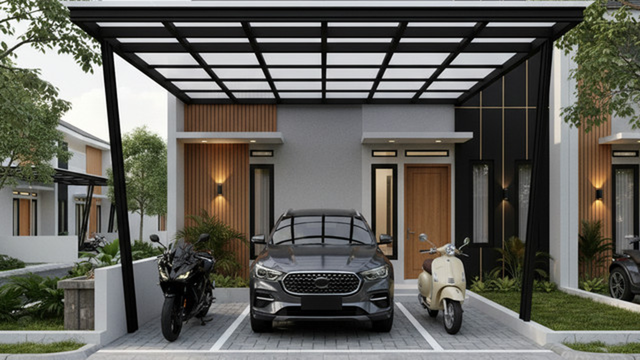 8 Inspirasi Carport Minimalis untuk 1 Mobil 2 Motor di Lahan Sempit, Fungsional dan Rapi di Rumah Modern 2025 (Foto: Gemini AI)