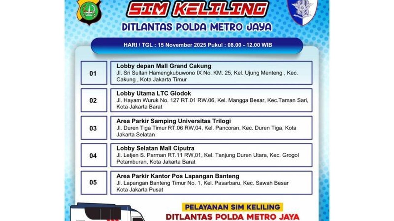Direktorat Lalu Lintas Polda Metro Jaya kembali menyediakan layanan SIM Keliling di Jakarta. Ketahui lokasi, syarat, dan biaya perpanjangan SIM A dan C di sini.