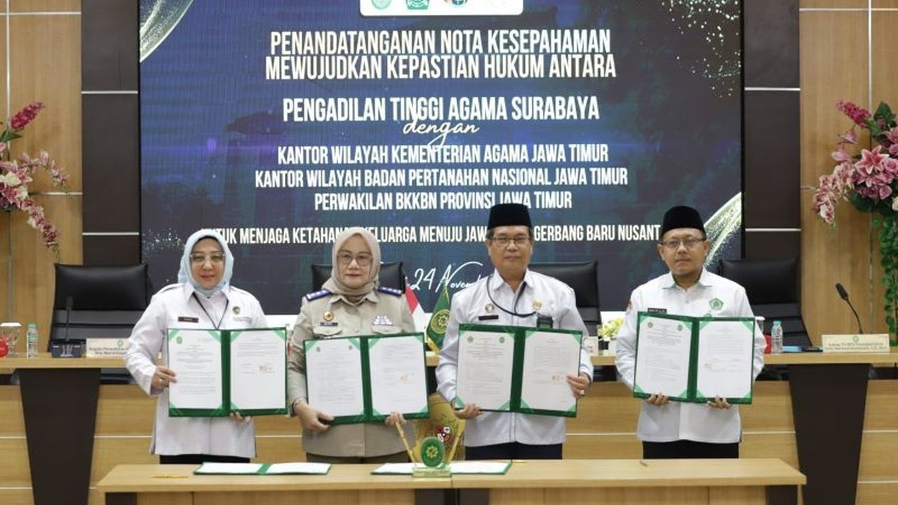 Kantor Wilayah BPN Jawa Timur dan PTA Surabaya meneken MoU untuk mempercepat penyelesaian sengketa aset keluarga, menjamin kepastian hukum, dan memberikan pelayanan humanis bagi masyarakat.