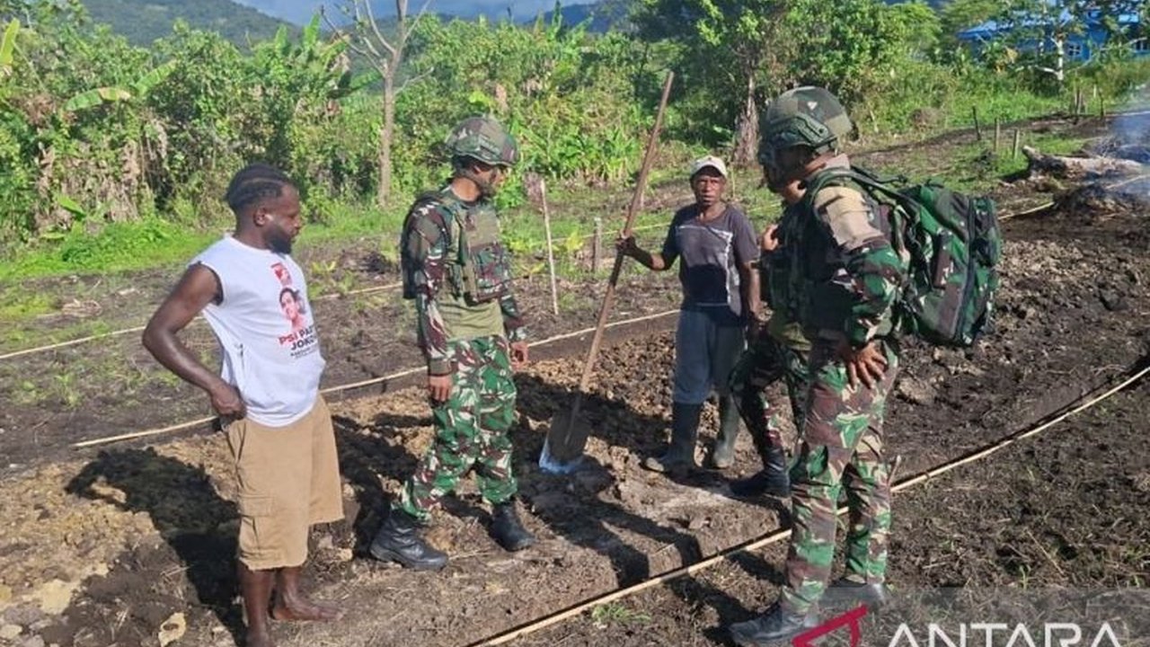 Prajurit Satgas Yonif 521/DY bergotong royong menyiapkan lahan pertanian bagi warga Kobagma, Papua Pegunungan, sebagai upaya mempererat hubungan dan dorong ketahanan pangan.