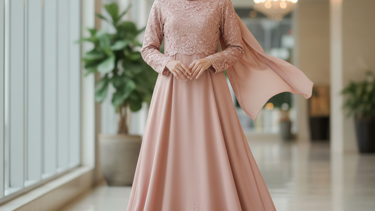 Gamis Rose Gold A-Line Minimalis dengan Detail Batik dan Brokat Lembut