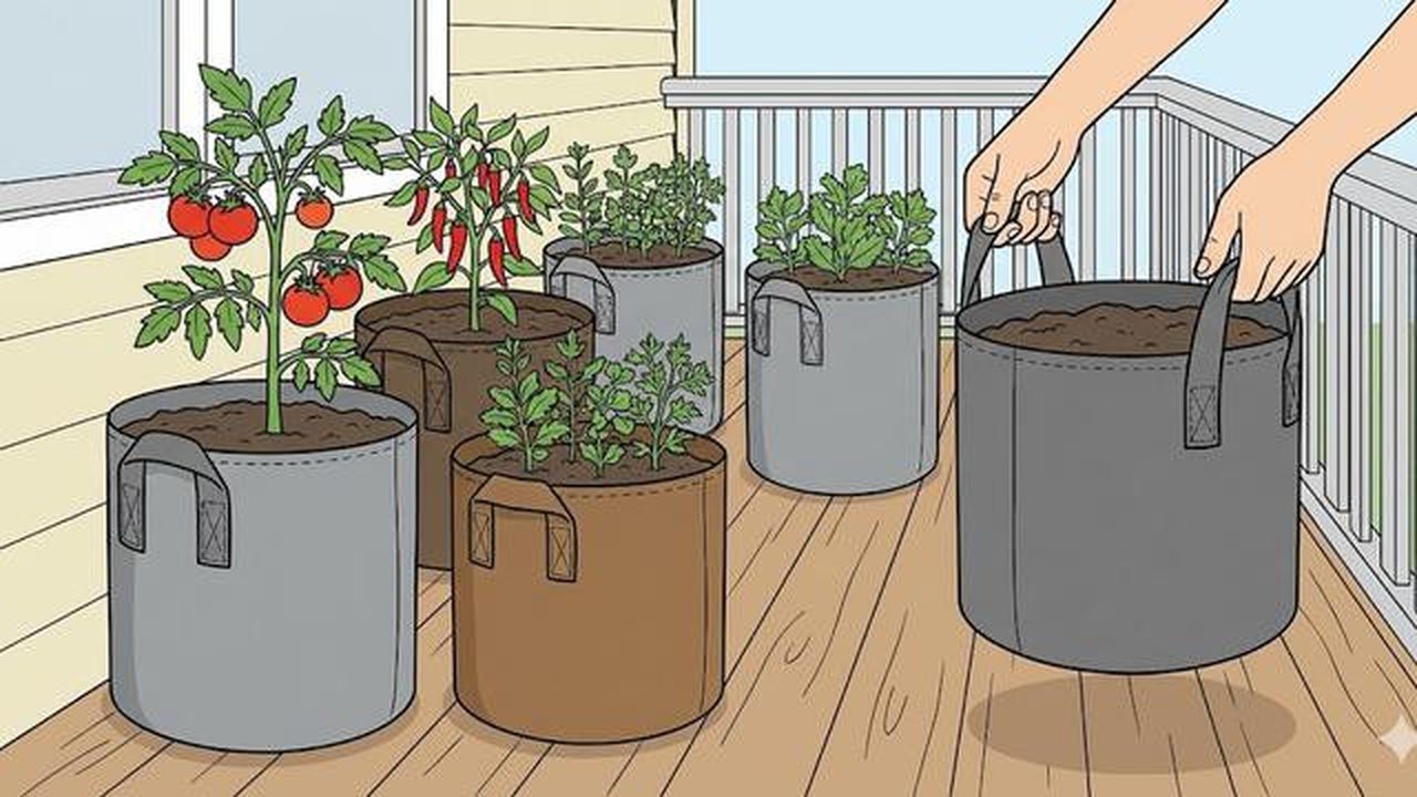 Sistem Grow Bags Ringan merupakan salah satu desain kebun sayur di rumah yang gampang dipindah-pindah (Gemini AI)